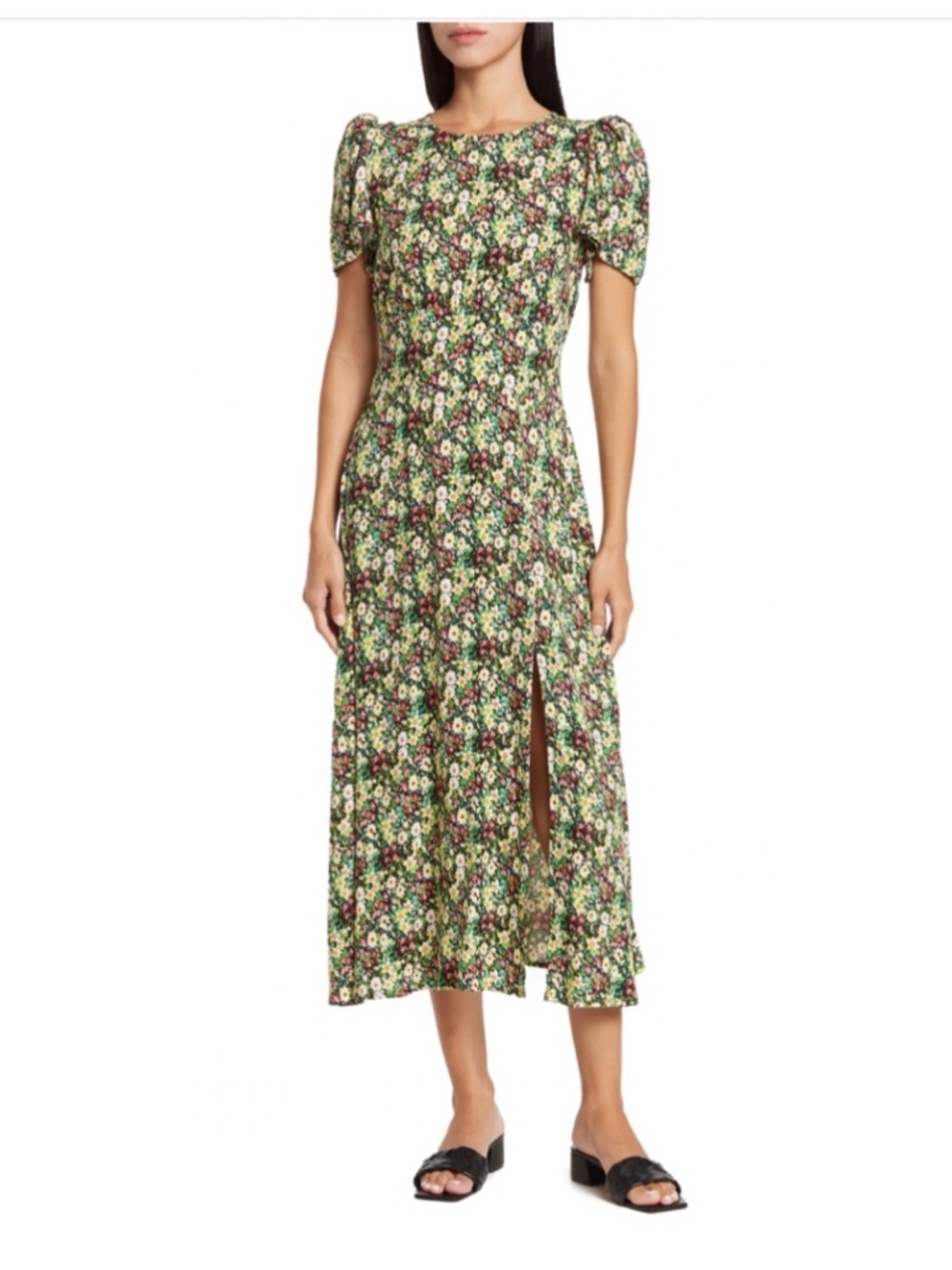 AFRM Green Floral Puff-Sleeve Midi Dress with Front Slit